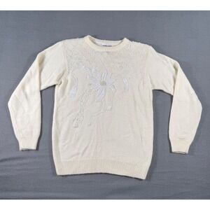 Vintage Alfred Dunner Ivory Sweater Beaded Floral Bow 80s Elegant Knit S Grandma